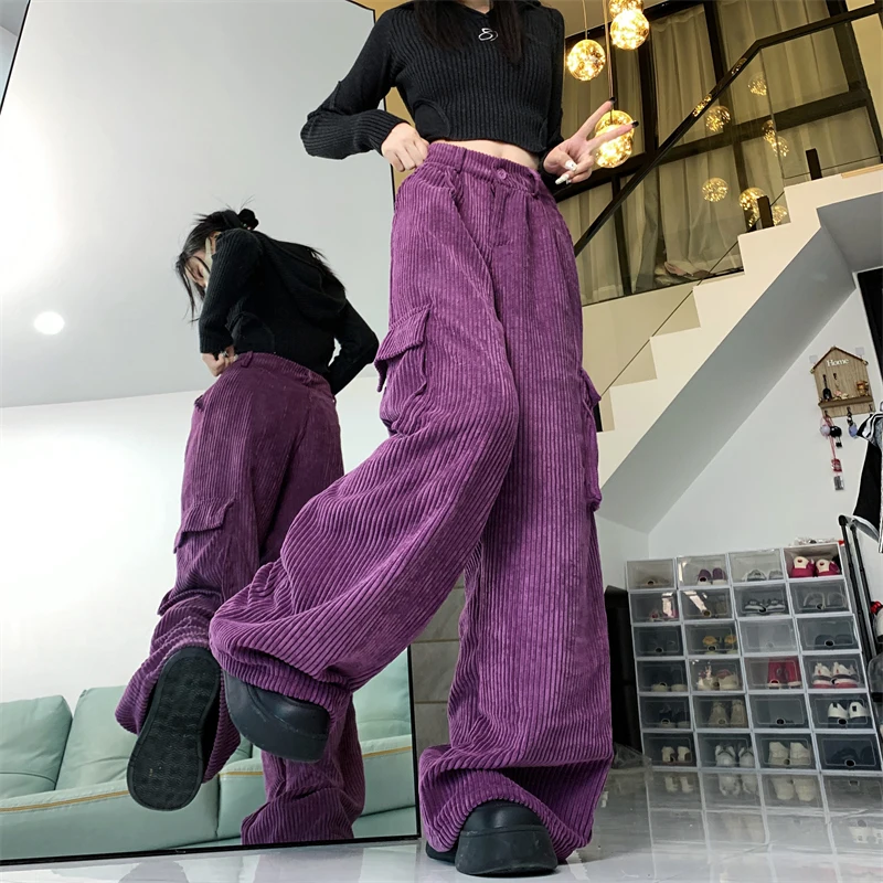 MEXZT Y2K Cargo Pants Women Streetwear Corduroy Wide Leg Sweatpants Harajuku Pockets Baggy Joggers Autumn Winter Casual Trousers