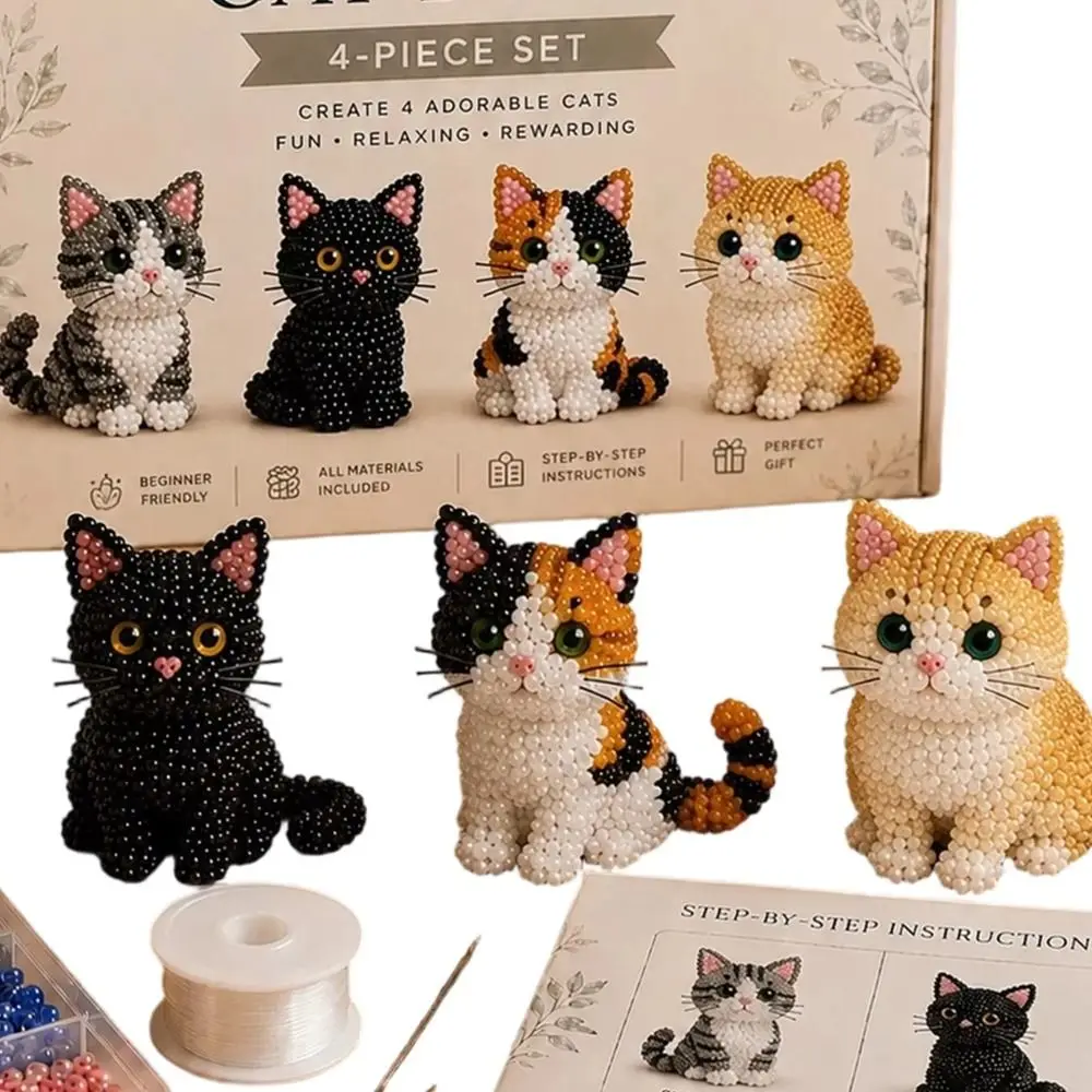Handmade DIY Animal Bead Embroidery Kit Tiny Colorful Beadwork Art Craft Set Educational Cat 3D Bead Pet Keychain Making Kit for