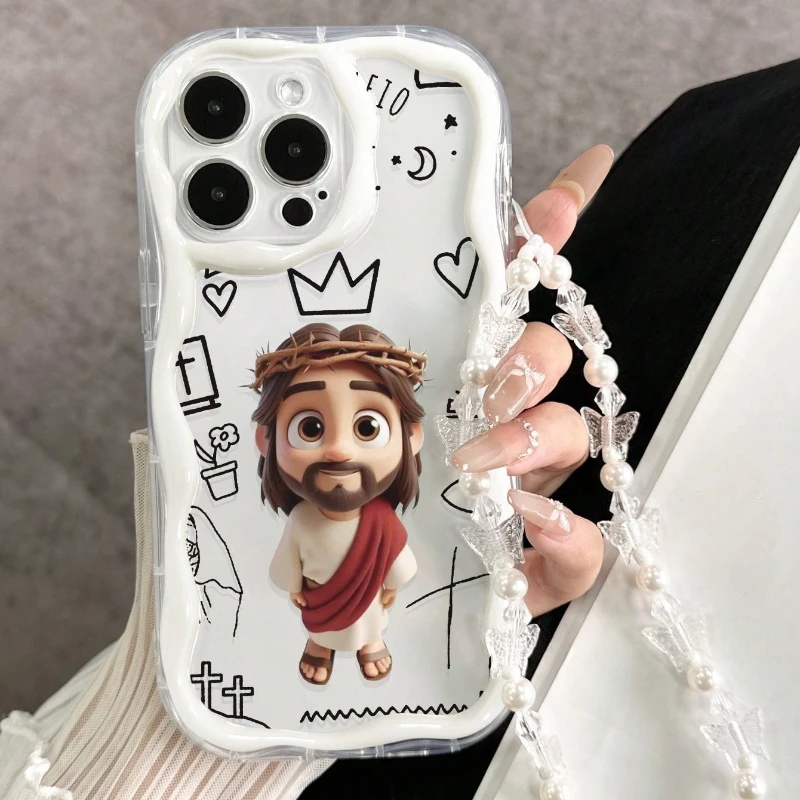 Girl God Pattern Clear Wavy-edge Phone Case For iPhone 17 Pro 16 15 14 Plus 13 12 11 Pro Max 16E 17E With Bead String Soft Cover view 5