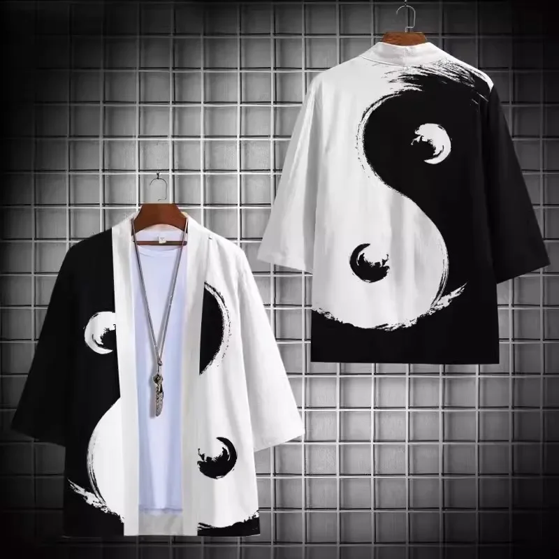 Fashion Men's Abstract Cloud Print Japanese Kimono Loose Open Front Haori Jacket Coat Trendy Street Men's Clothing Tops