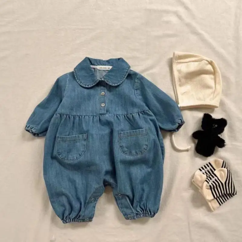 

2024 Autumn New Baby Long Sleeve Romper Solid Infant Boy Girl Cute Lapel Denim Jumpsuit Newborn Toddler Casual Clothes 0-24M