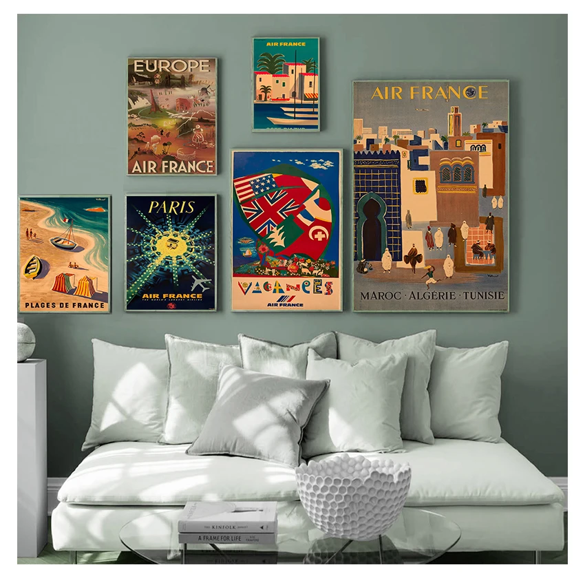 France Canvas Painting Vintage Wall Pictures Kraft Poster Coated Wall Sticker Home Decoration Gift Travel to Europe Japan by Air