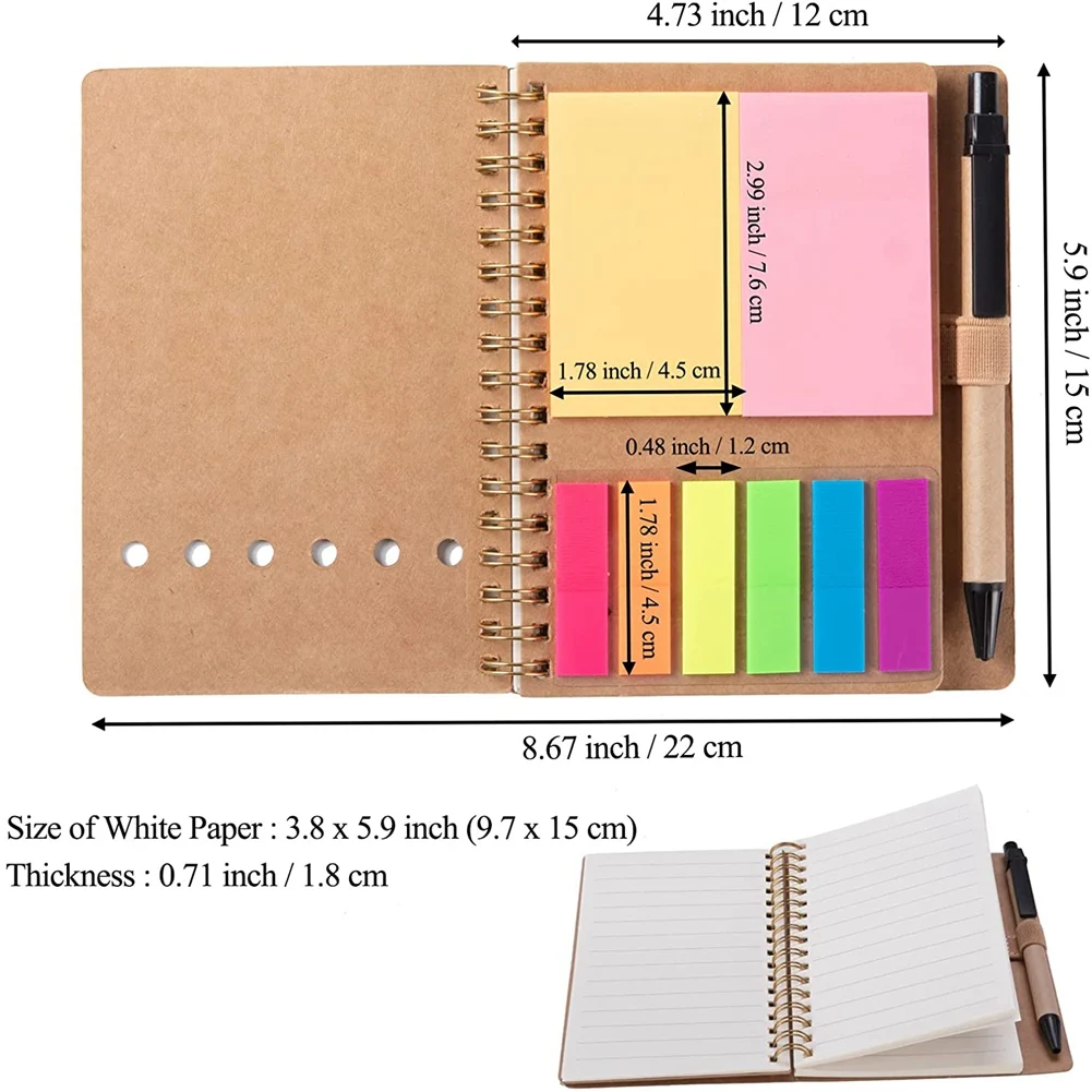 3 แพ็คโน้ตบุ๊คเกลียว Steno Pads เรียงราย Notepad พร้อมปากกาผู้ถือ, Sticky Notes, Page Marker สีแท็บดัชนีธง