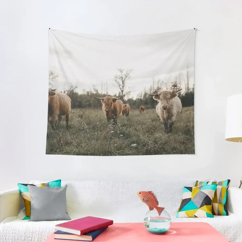 

Highland cows in the meadow at sunset Tapestry Cute Room Things Aesthetic Decoration Aesthetic Room Decoration Tapestry