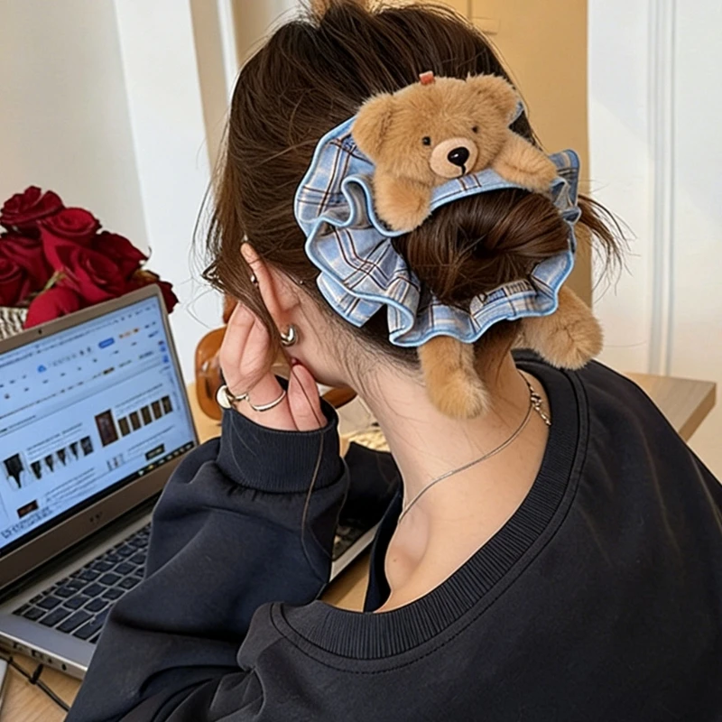 Bear Accent Hair Tie Flexible Fabric Hairband Gentle Hold Elastic Ponytail Accessories For School And Parties