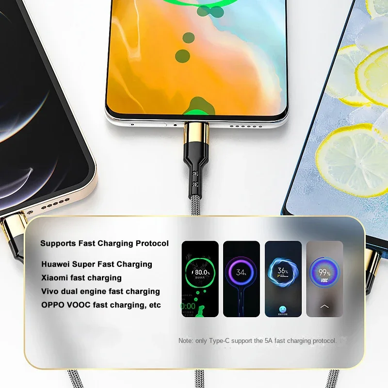 كابل بيانات شحن سريع 2in3 5A مناسب لهاتف iPhone Huawei 5A شحن فائق Xiaomi Poco Type-C Oppo Samsung