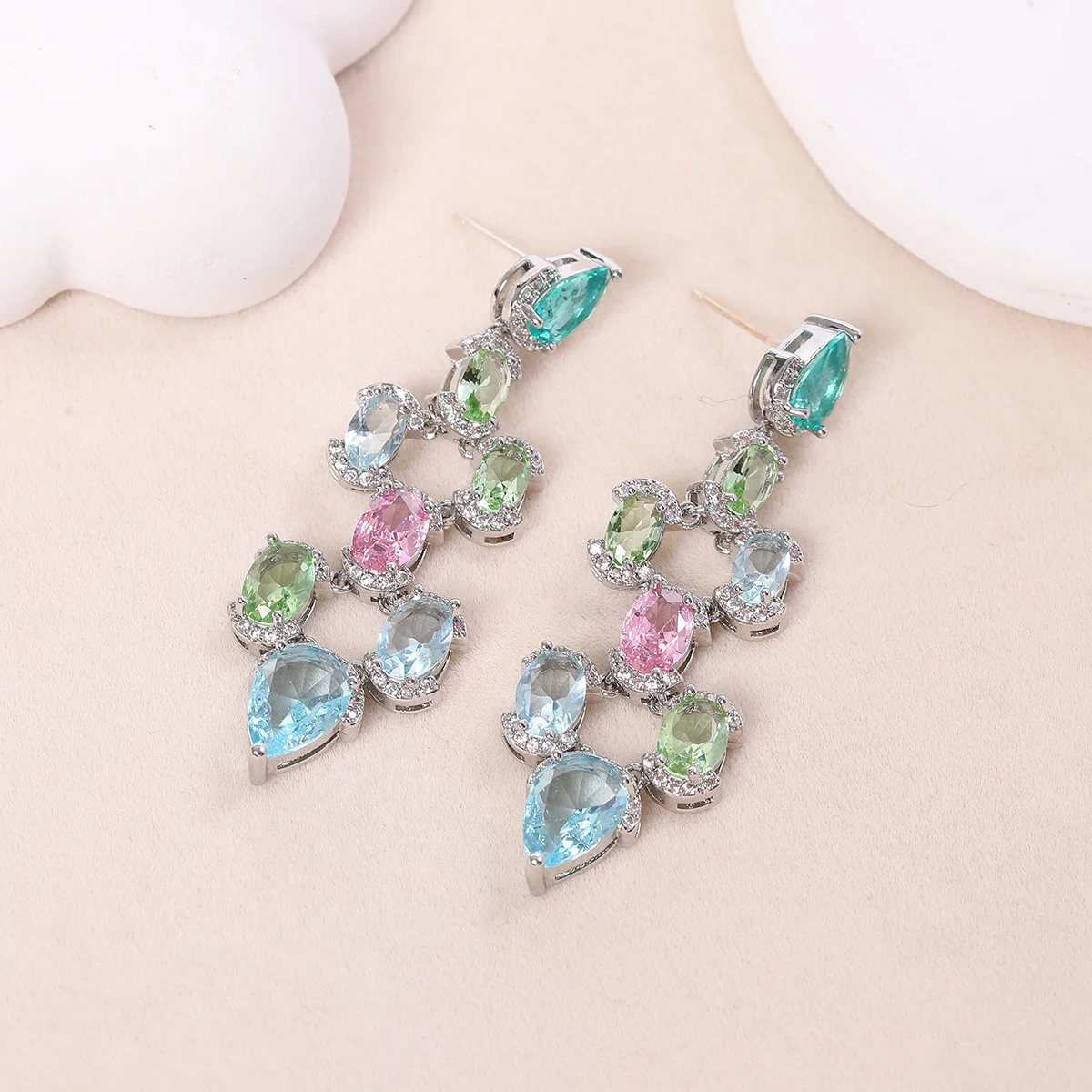 

925 Silver Needle Multicolor Teardrop Gemstone Drop Earrings, Silver-Tone Statement Jewelry for Women Party Daily Wear