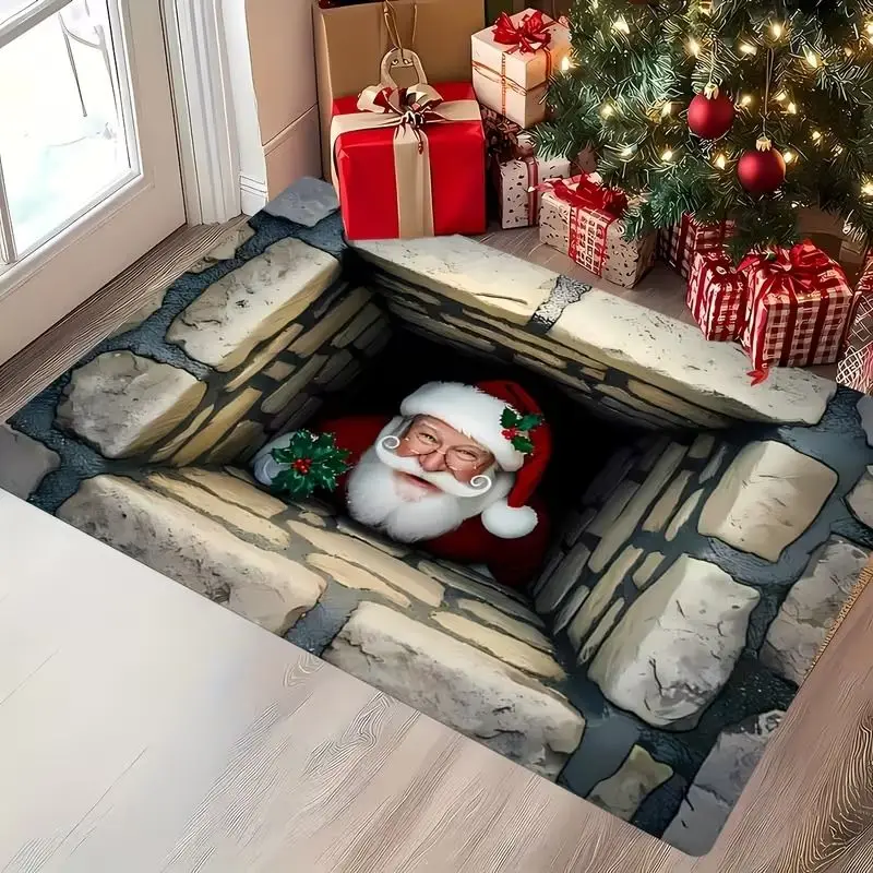 VIKAMA 3D Visual Effect Santa Claus Rug Non-Slip Absorbent Indoor Outdoor Entry Mat Christmas Decorative Rug Home Decor