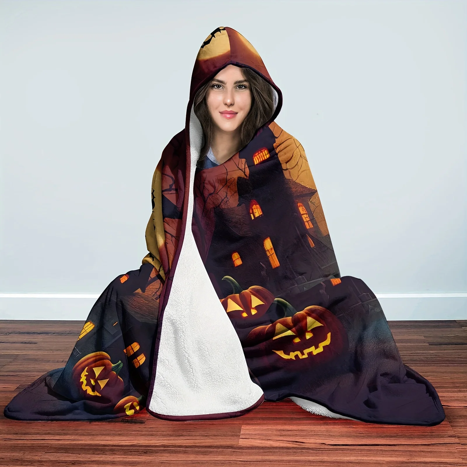 Open 1pc Halloween Pattern Hooded Blanket Digital Printing Flannel Magic Hat Blanket Soft And Warm