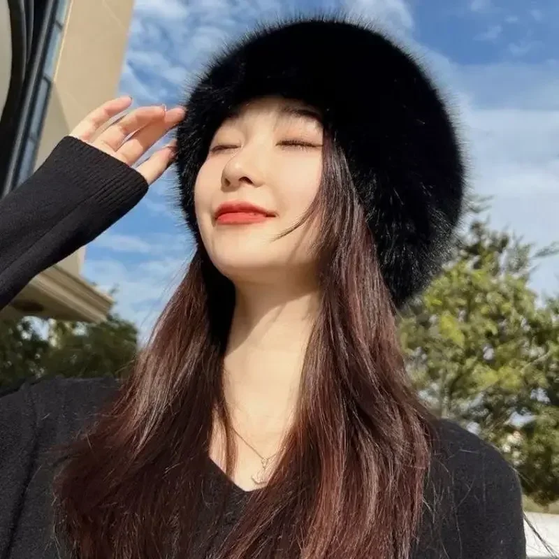 Fox Fur Bucket Hat Winter Women Warm Windproof Brimless Hat Thickened Ear Protection Dome Hat Outdoor Ski Snow Earwarmer Beanies