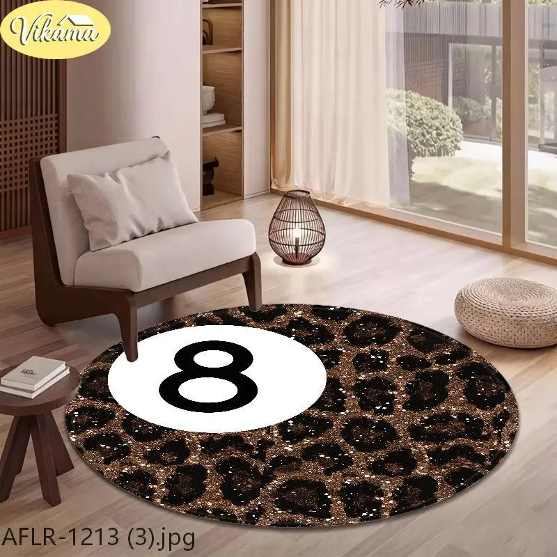 VIKAMA Round Rug Brown Black Leopard Print 8 Ball Pattern Decorative Non Slip For Living Room Bedroom Gaming Room Decor