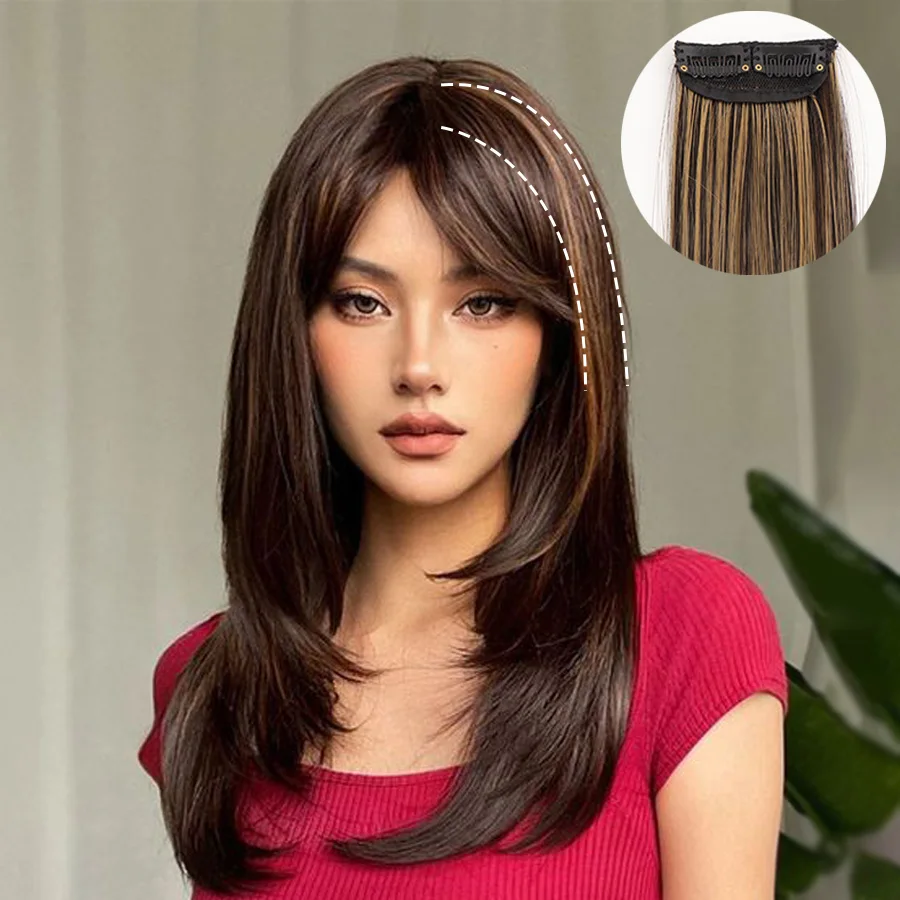 synthetic 30cm invisible straight pad clips onto a piece of hair extending the top side covering a fluffy female heat-resistant