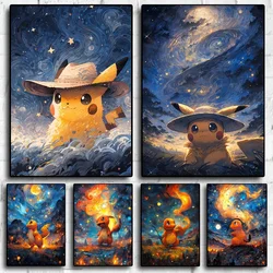 Pokemon Anime Van Gogh Characters Pikachu Charmander Canvas Posters and Prints Decoration Living Room Bedroom Wall Art Pictures