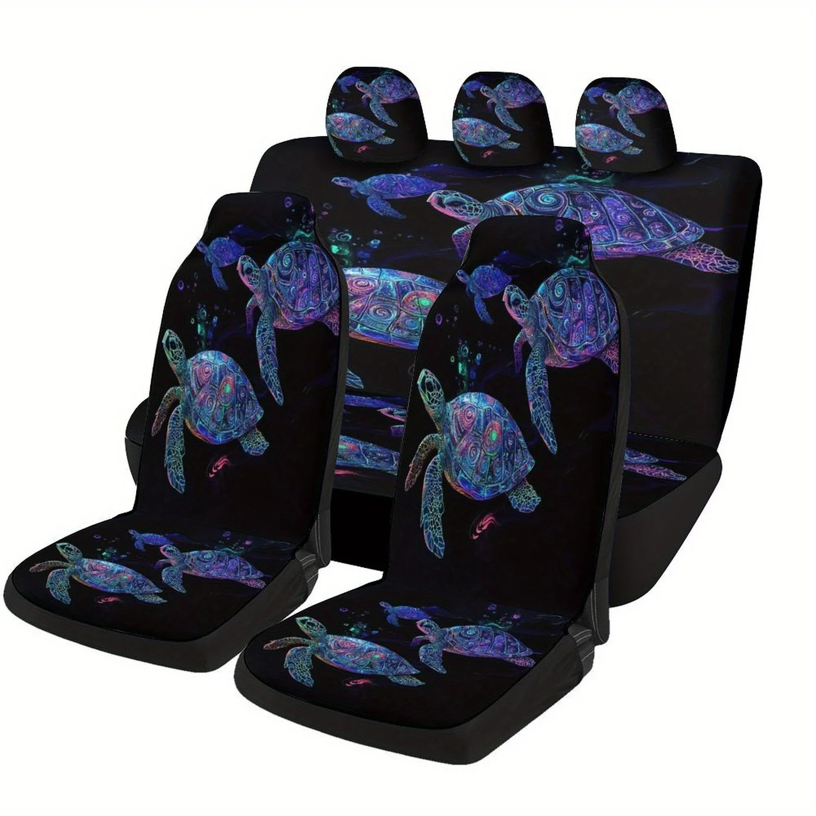 Glowing Turtles Art Themed Car Seat Covers Set | Fashionable Decorative Full Set For 2 Front And Rear Seats, Universal Fit, Poly