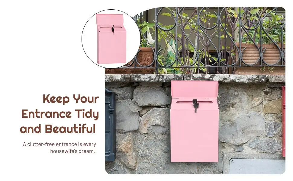 

Wall Mounted Mailbox Pink Metal Postbox Letter Box for Outdoor Porch Gate
