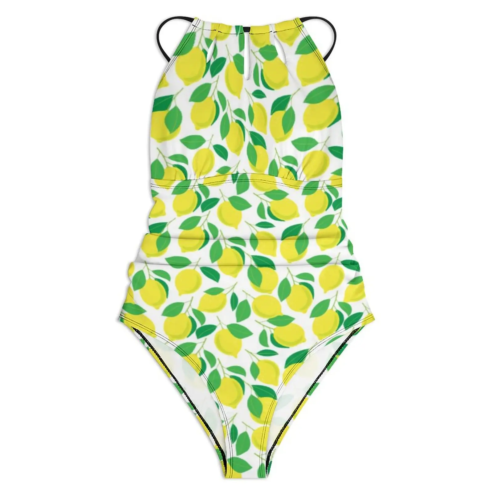 Yellow Lemon Swimsuit Sexy Green Leaf Print One-Piece Swimwear Push Up Swimsuits Sweet Holiday Rave Beach Wear