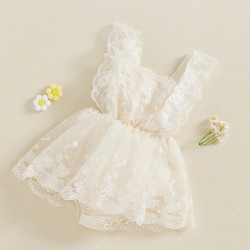 Summer Newborn Baby Girls Romper Dress Lace Floral Patchwork Sunsuit Sleeveless Beige Pink Jumpsuit Outfits Clothes