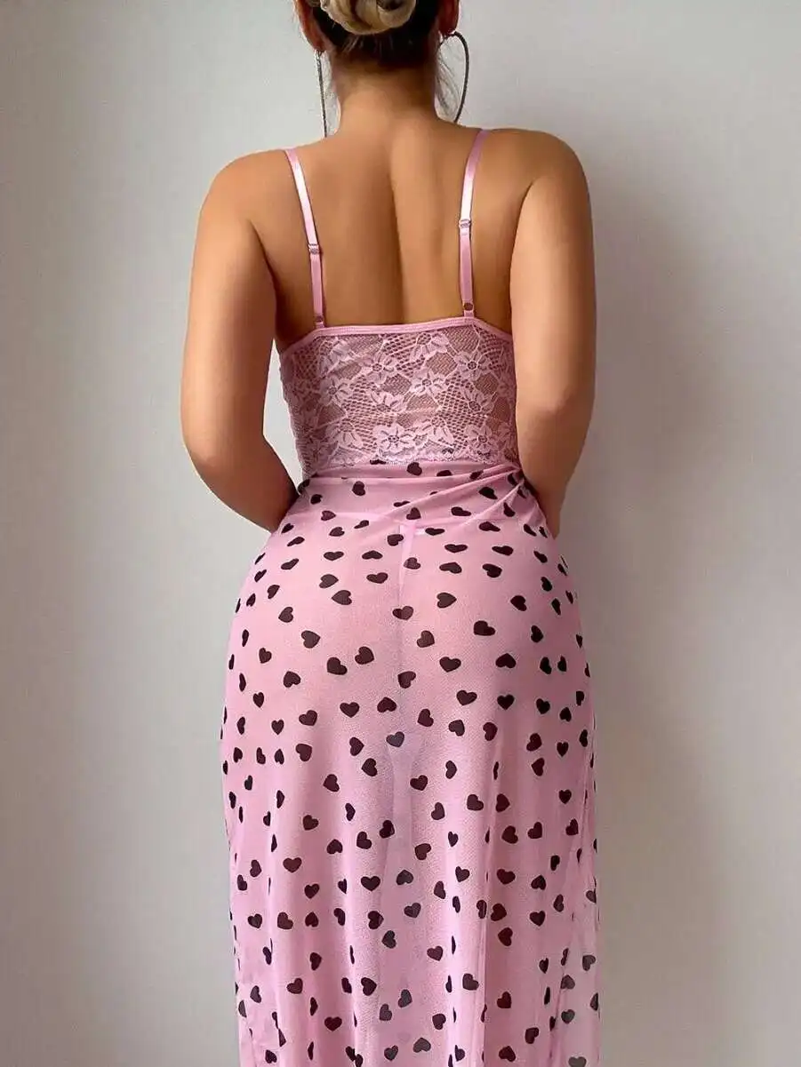 Sexy Lace Underwear Bow Flower Print Black Heart Sleep Dress Temptation Backless Wrap Chest Suspenders Sleeveless Dress LX0Q