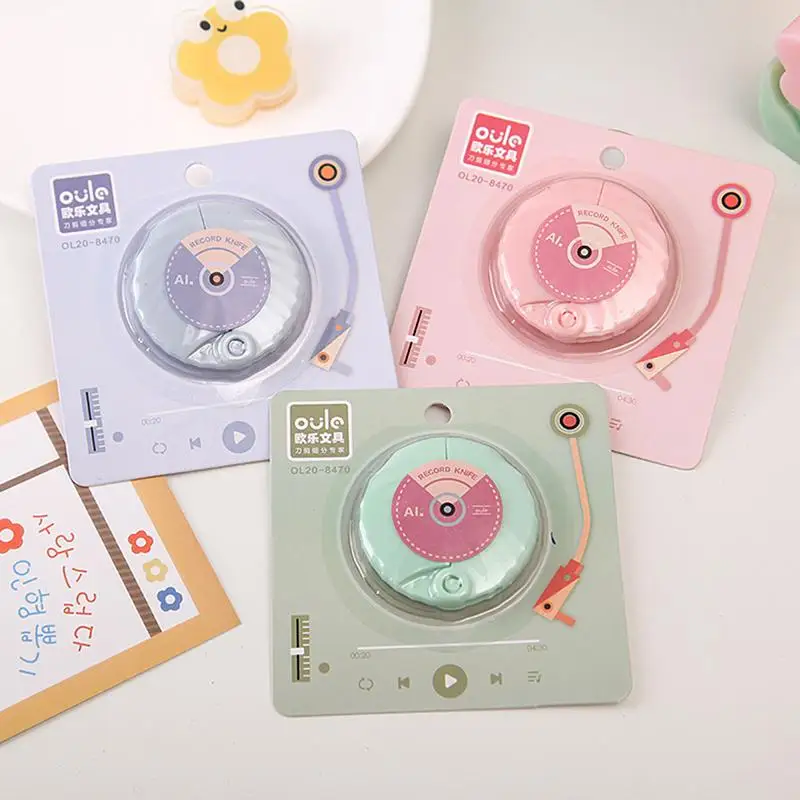 Art Knife Cute Record Shaped Mini Retractable Utility Knife DIY Tools Student Art Supplies Stationery Pocket Art