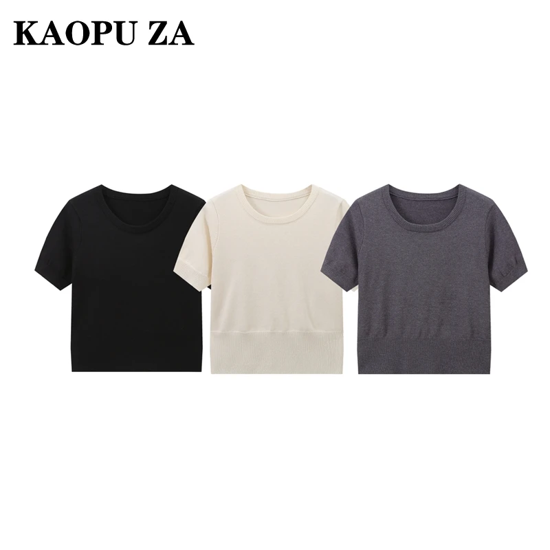 

KAOPU ZA 2024 Autumn New Women's Solid Color Short Sleeve Knitted sweater women Fashion Round Neck Basics knitted jumper Top