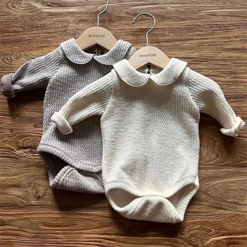 Spring Baby Soft Simple Solid Peter Pan Collar Bodysuit Ribbed Long Sleeves Jumpsuit Skin-friendly Organic Cotton Crawlwear