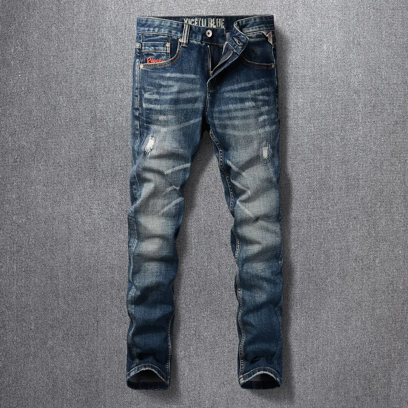 

Italian Style Fashion Men Jeans Retro Dark Blue Stretch Slim Fit Ripped Jeans Men Embroidery Designer Vintage Denim Pants Hombre