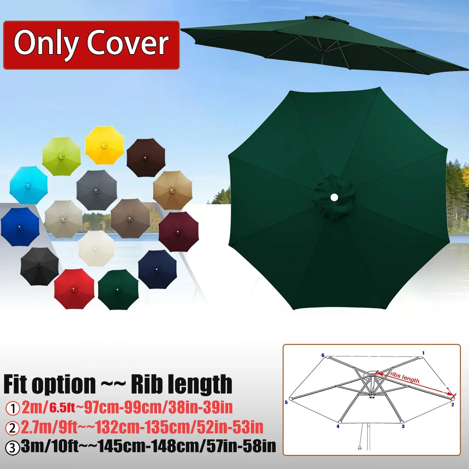 8 Rippen/106,3 Zoll mehrfarbiger Regenschirm für alle Jahreszeiten, Outdoor-Garten-Ersatzschirmtuch (nur Bezug), Grün