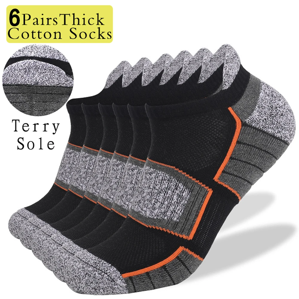 

6 Pairs Hot Anti-Slip Terry Sole Socks Men Hiking Ankle Socks Non-Slip Grip Arch Support Seamless Toe for All-Day Trekking