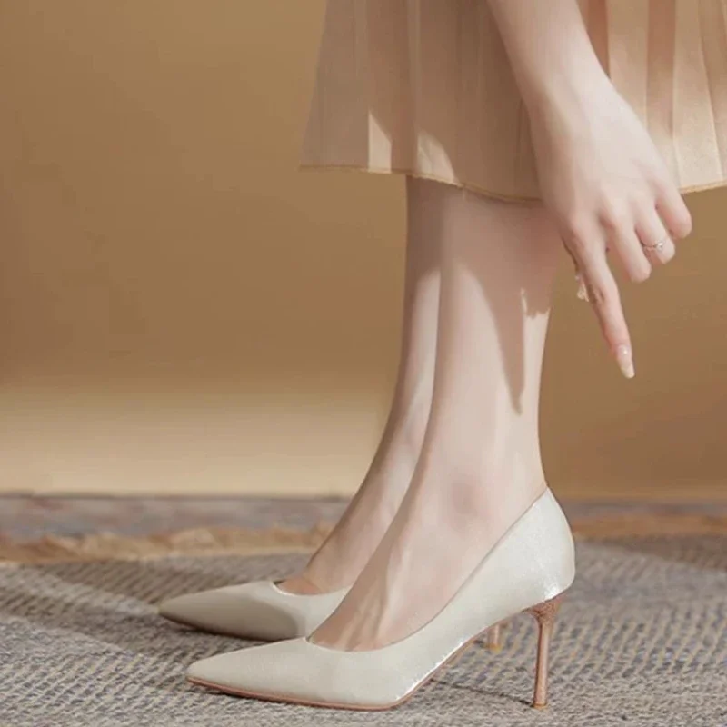 

2024 summer French heels new stiletto satin all-match women's shoes bridal Wedding shoes Versatile pumps