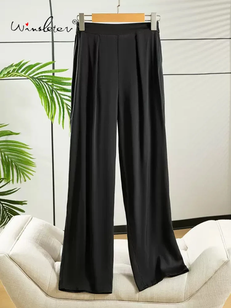 

Winsleter, 93%Natural Silk Elegant Straight Pants, Women Natural Waist Solid, Loose Casual Pants, 2024 Summer Autumn B47313QC