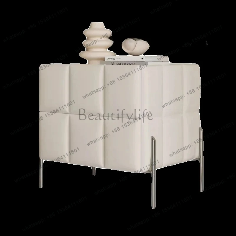 

Italian minimalist bedside table modern cream wind intelligent wireless charging small cabinet rock slab solid wood bedside tabl