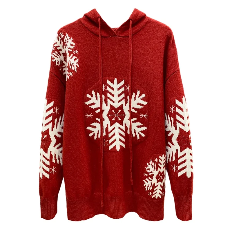 Vintage Pattern Heavyweight Australian Pure Wool Red Knitted Hat Sweater New Year Sle Women's Loose Fit Long Sve Top - view 5