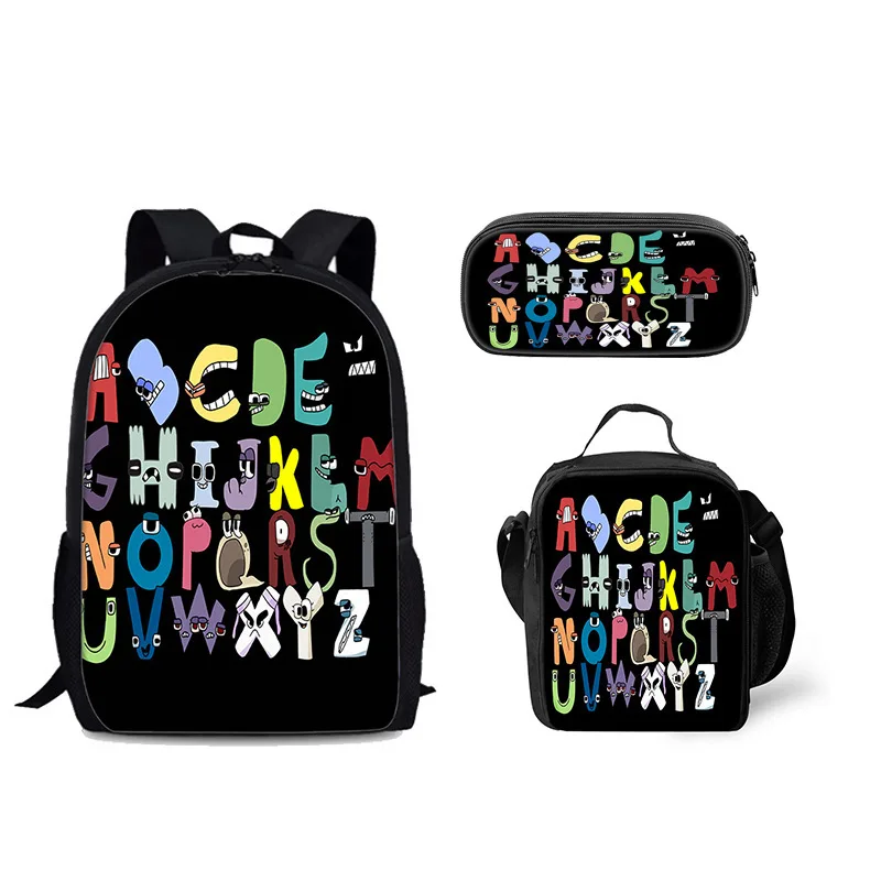 Alphabet Lore backpack, Alphabet Legend, elementary school backpack, meal bag, pencil case, three piece set