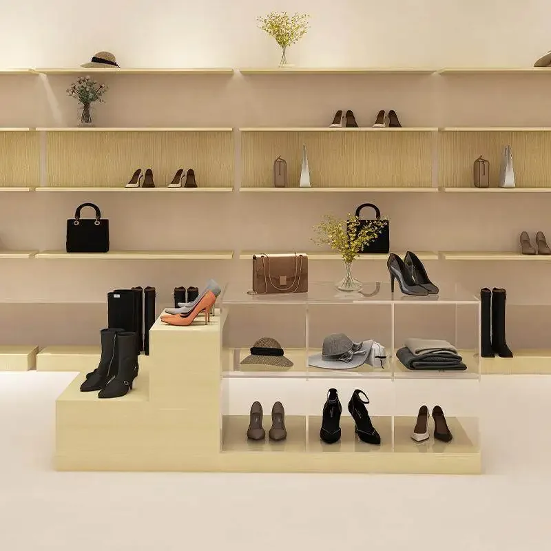 The clothes store is located in middle of  shopping mall with an acrylic storage display stand for women's clothing store