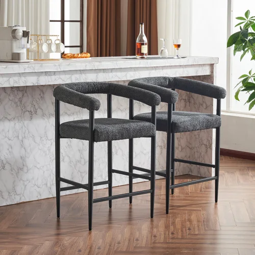 

Industrial Kitchen Nordic Furniture Upholstered Boucle Fabric Counter Bar Stools Chair with Black Metal Legs
