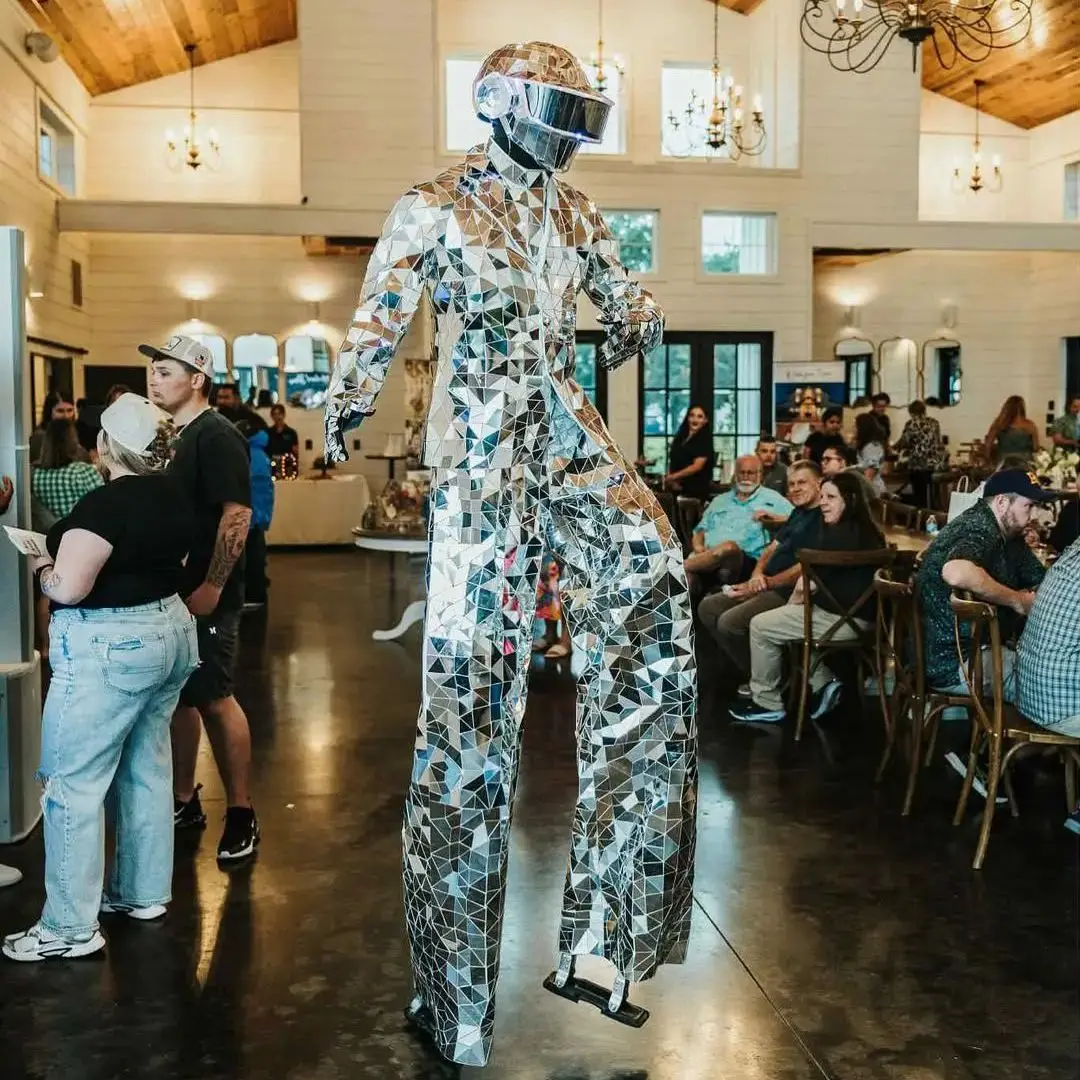LED Stilts Walker Robot Costume Shiny Mirror Sequin Fabric Show Stage Performance Cosplay Suit for Entertainment