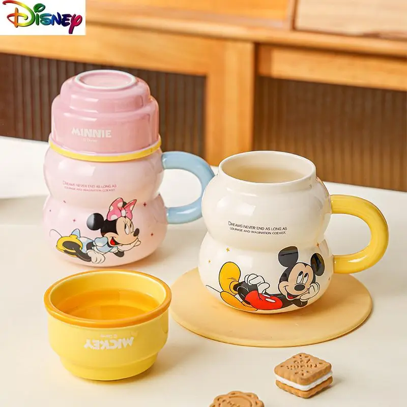ディズニーの新しい蓋付きマグカップ、かわいい漫画のミッキーのドリンクカップ、家庭用クリエイティブな軽贅沢な立体セラミックコレクションカップ
