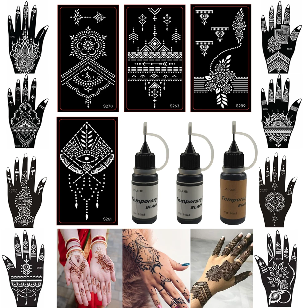 12 Sheets Temporary Henna Tatto+ 3 Bottles10ml Juice Ink Natural Organic Fruit Gel For Body Drawing,Safe Waterproof DIY Tattoo