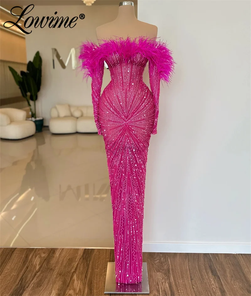 Feathers Long Sleeve Party Dresses Beaded Sequins Hot Pink Evening Dress Robe De Soirée 2023 Mermaid Long Prom Dresses Customize