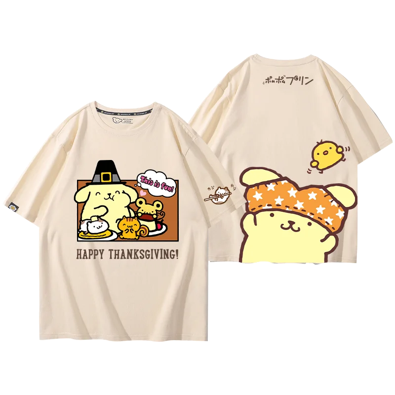 Kawaii Sanrio Anime Cotton T-Shirt Cute Pompompurin Cartoon Summer Short Sleeves Soft Comfortable Originality Children Gifts