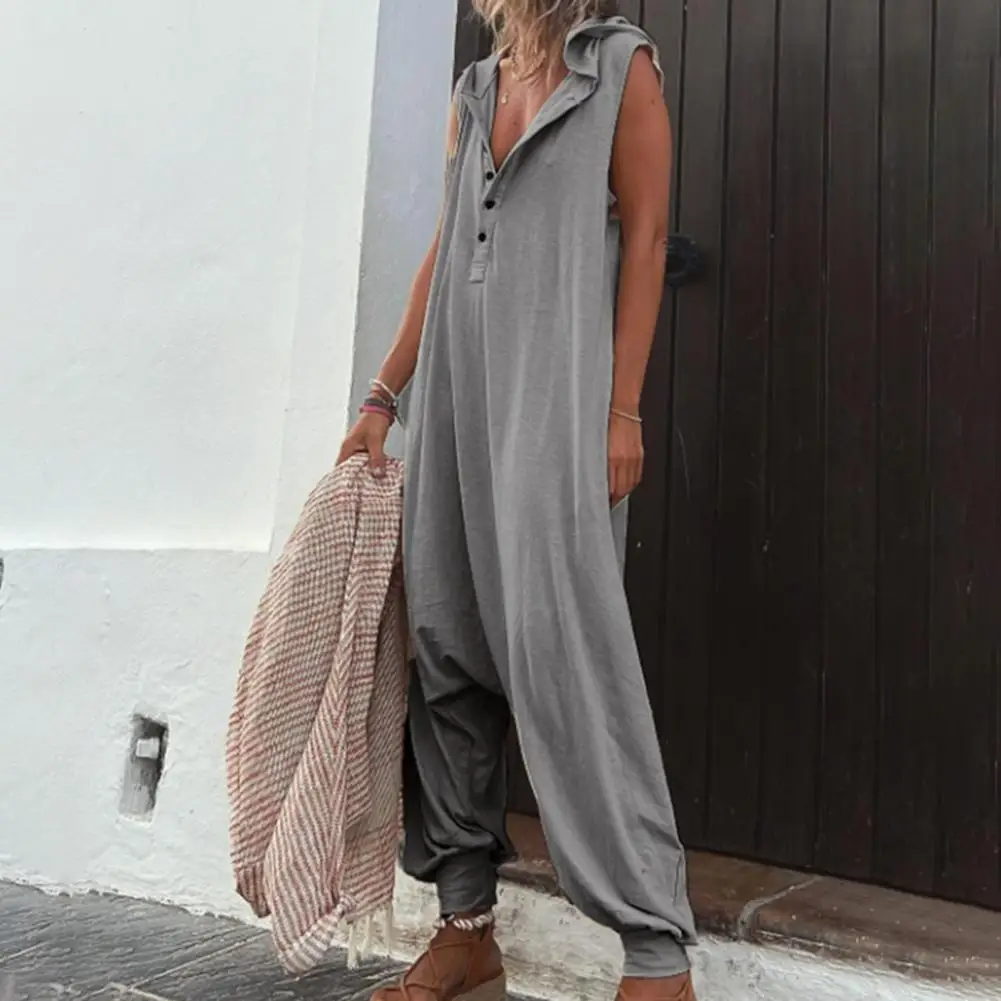 Women Jumpsuit Sleeveless Loose-fitting Hooded Playsuit Lint Free Blend Summer Women Hooded Jumpsuit