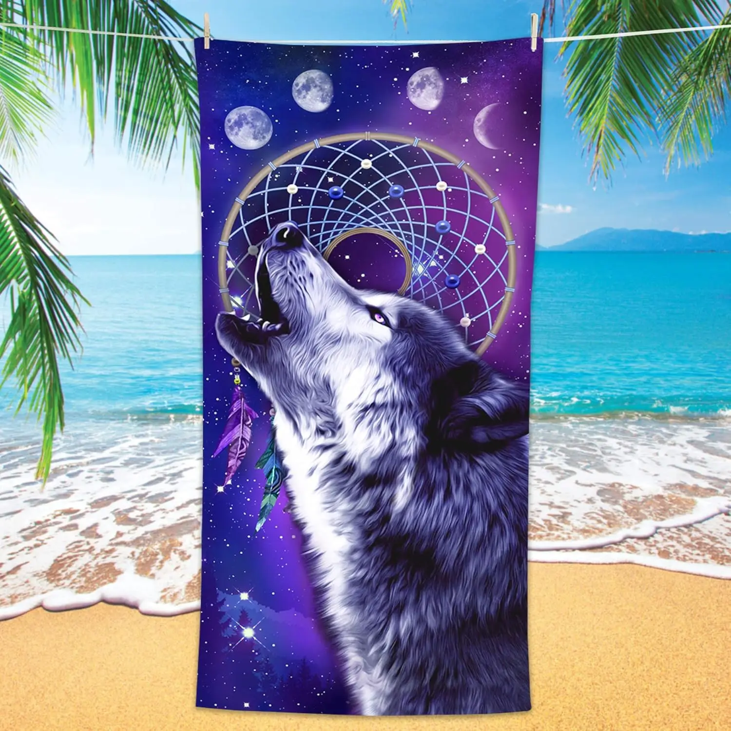 Wolf Beach Towel 31.5x63 Inch Dreamcatcher Galaxy Print Quick Dry Microfiber Soft Bath Towel for Men Women Summer Travel