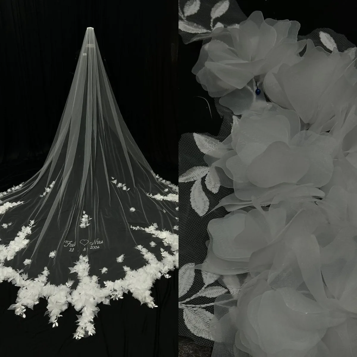 Luxury White Cathedral Veil with 3D Tulle Rose Cluster Applique and Custom Embroidered Names Wedding Customized V265327