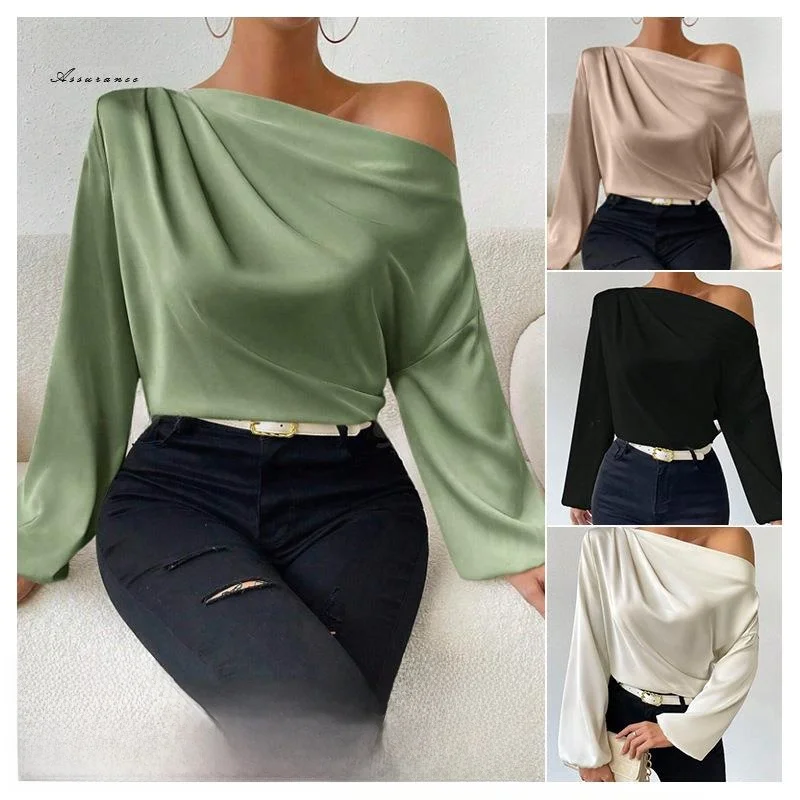 

Женская кофта с асимметричным вырезом на плече, длинными рукавами-фонариками, однотонная, в деловом стиле, зимняя коллекция