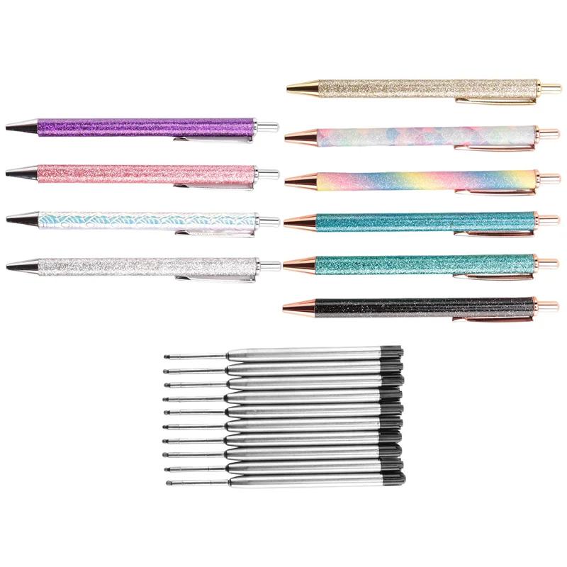 

J1UL1N 10Pcs Metal Ballpoint Pens 1.0 Mm Retractable Ballpoint Pens Glitter Metal Pens With 10Pcs Refills For School Supplies