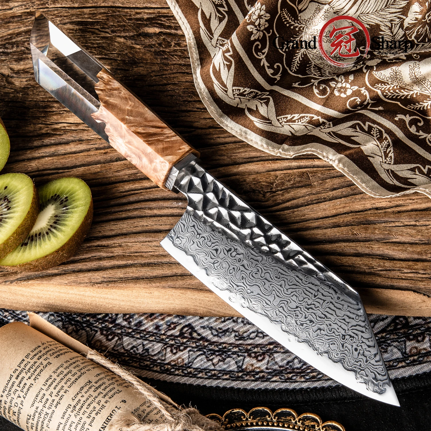 GRANDSHARP 5.5''Bunka Knife 67 Layers Damascus Steel AUS-10 Core Transparent Resin Wood Handle Kitchen Chef Knife for Slicing