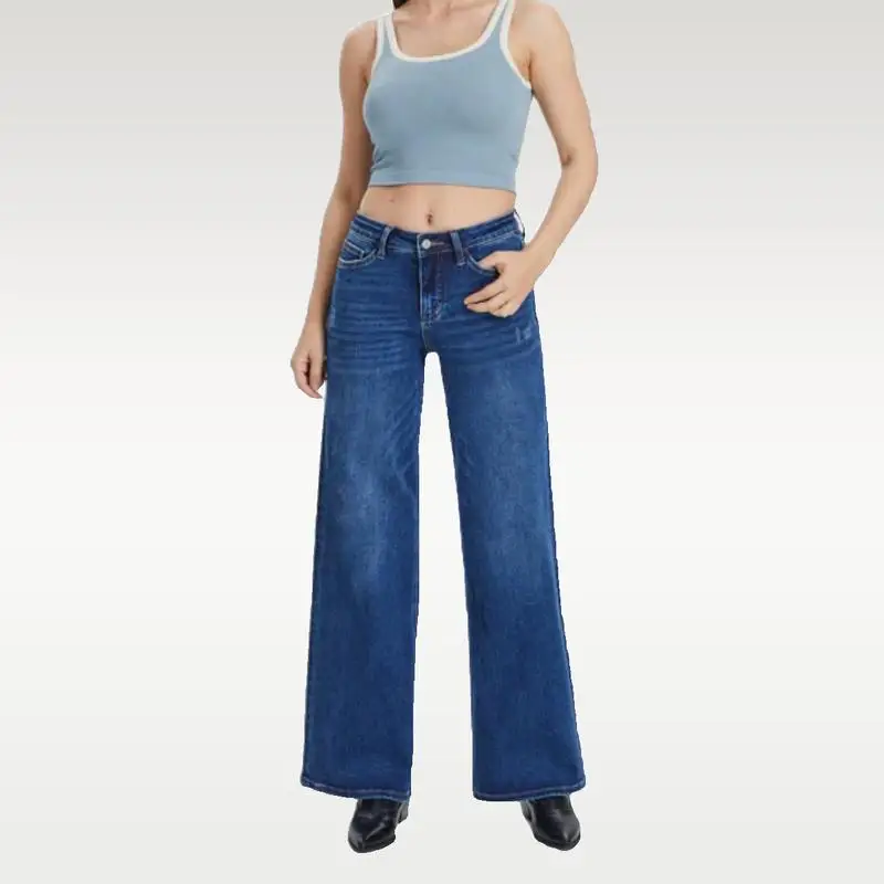 Mid-low Rise Baggy Jeans Wide Leg for Women Distressed Pants Stretchy Light Blue/Dark Blue Plus Size 8001