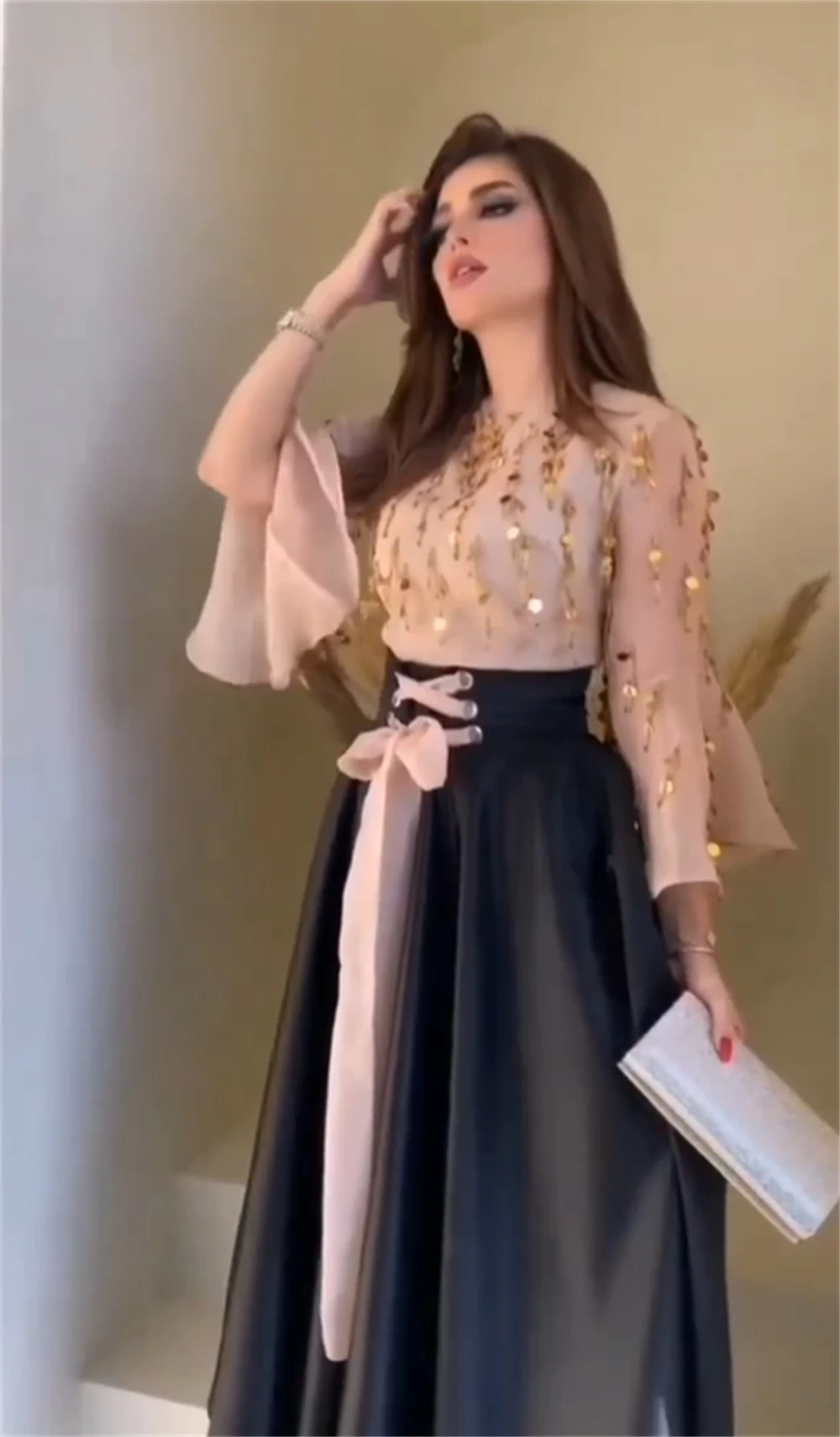 Vestido de noche de Arabia Saudita, traje Midi con apliques drapeados, línea A, cuello redondo, a medida