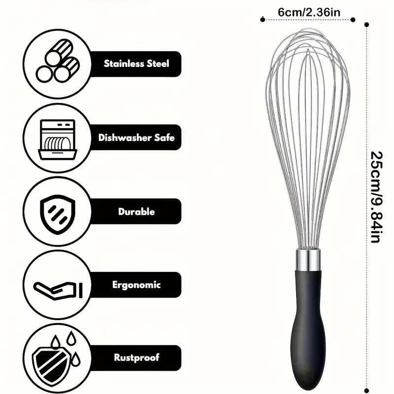 1pc Premium Stainless Steel Whisk - Ergonomic Soft-Grip Silicone Handle, Extra-Thick and Ultra-Durable for Blending, Beating, Wh