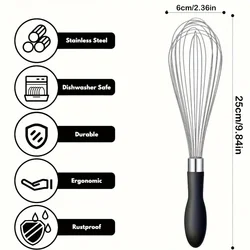 Batidor de acero inoxidable de primera calidad, mango ergonómico de silicona con agarre suave, extragrueso y duradero para mezclar, batir, Wh, 1 ud.
